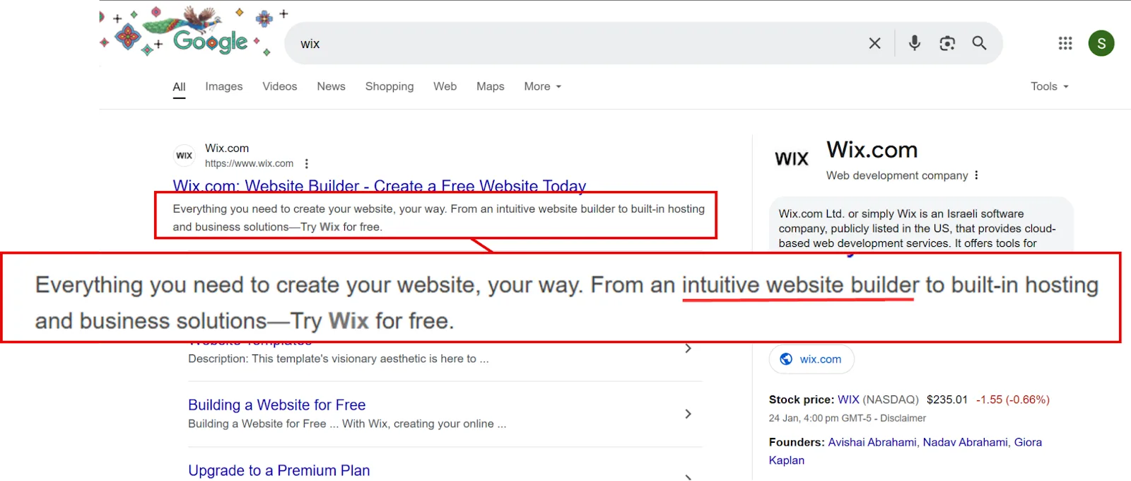 Wix website builder interface with services overview and free trial offer