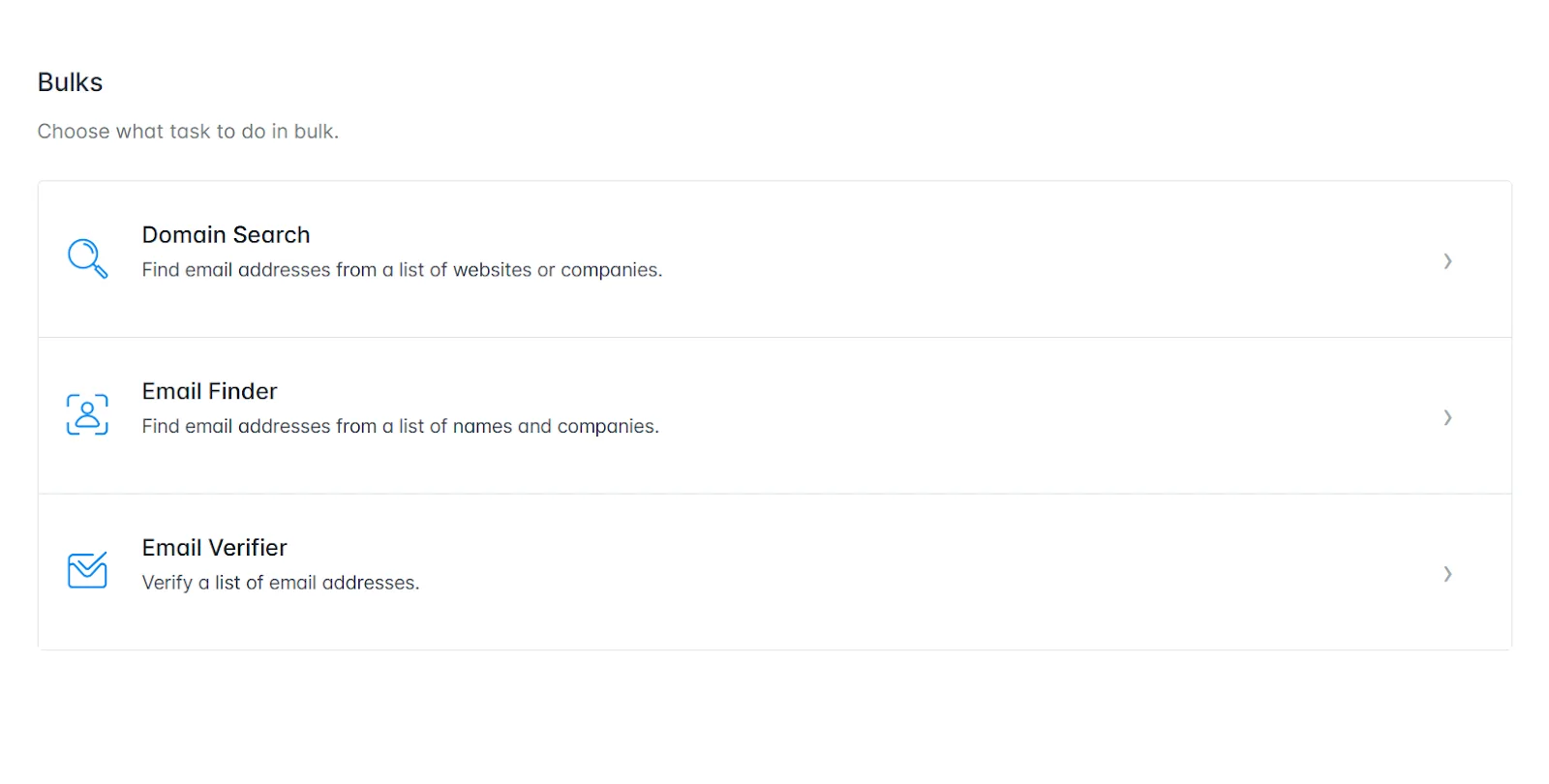 Bulk email tools for domain search, email finding, and email verification.