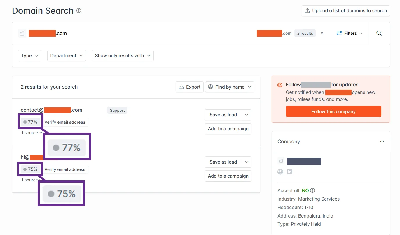 Email verification confidence scores for two contacts in domain search results.