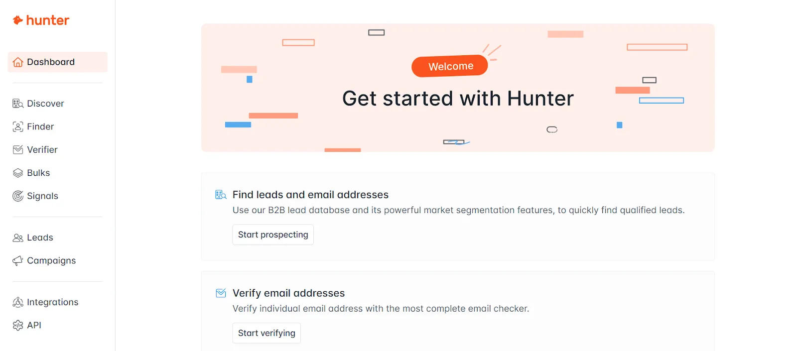 Hunter dashboard for lead generation and email verification tools.