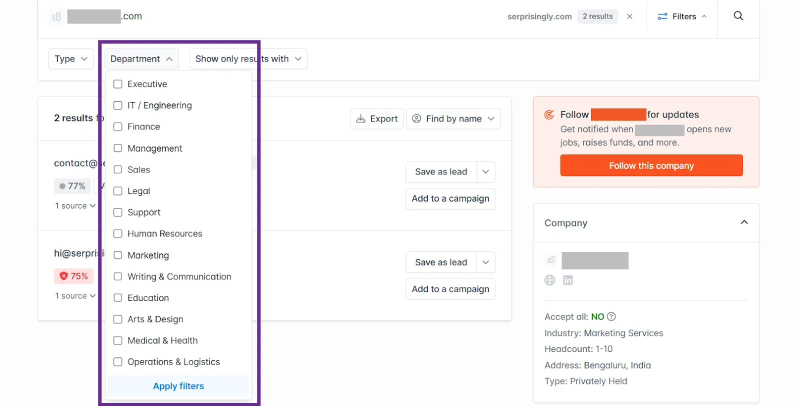Filter options for departments in a marketing services company dashboard.