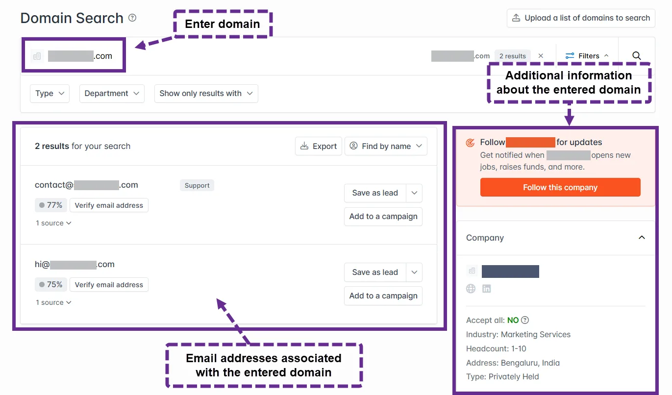 Domain search interface displaying email addresses and company details.