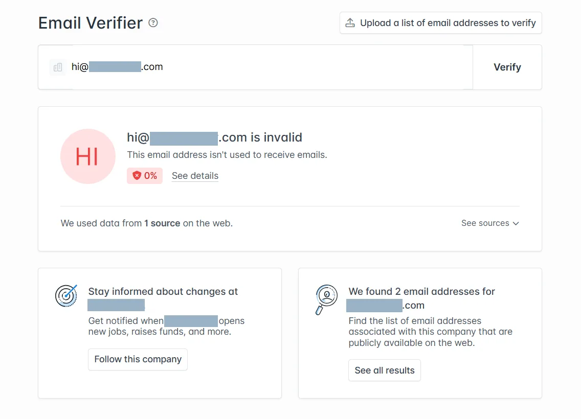 Email verifier tool displaying an invalid email address notification.