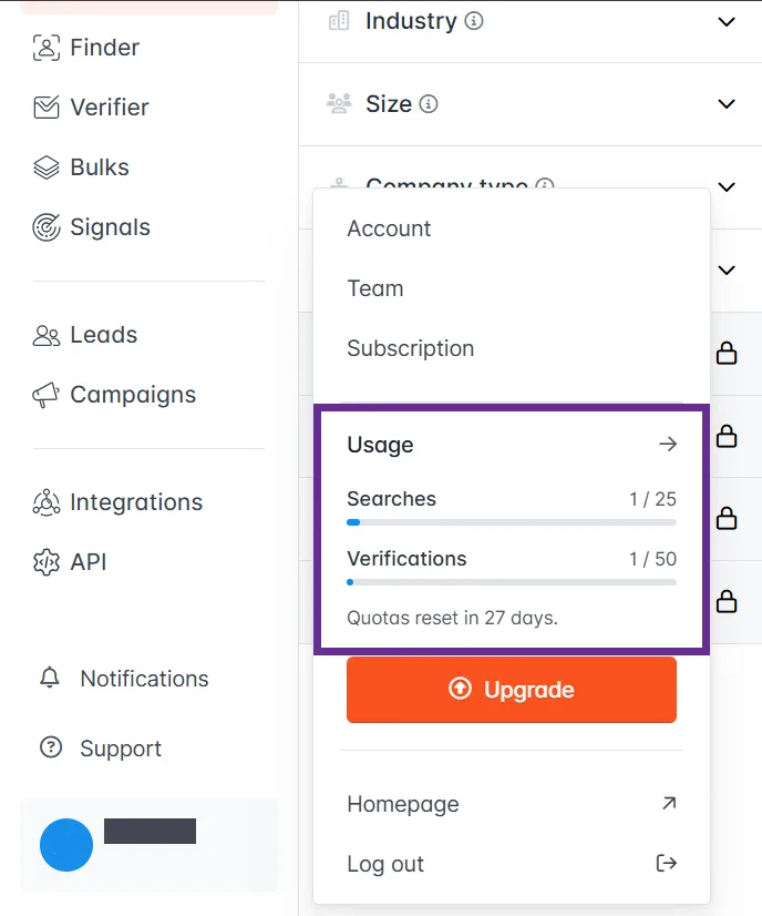 Dashboard showing search and verification quota usage for account management.