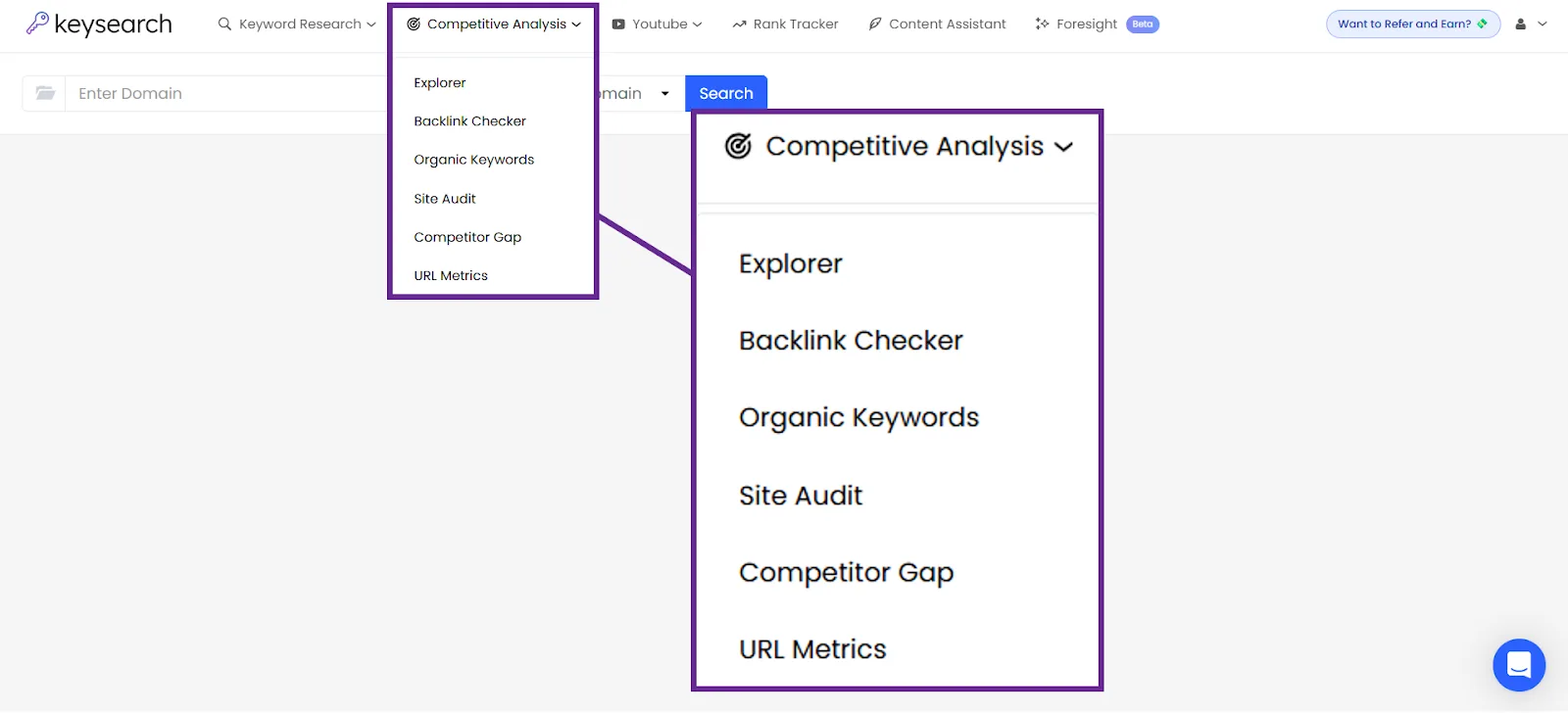 Keysearch competitive analysis tools menu including backlink checker and site audit.