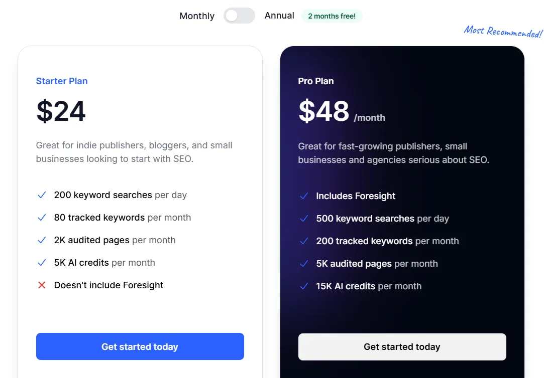 Comparison of SEO plans: Starter at $24 and Pro at $48 with features listed.