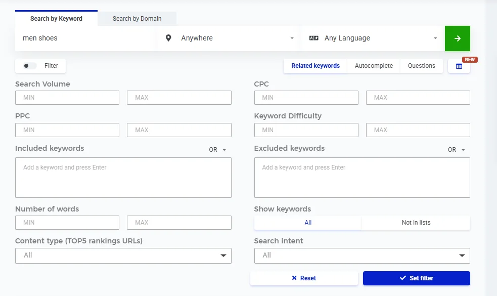 Keyword research tool interface for men's shoes search optimization