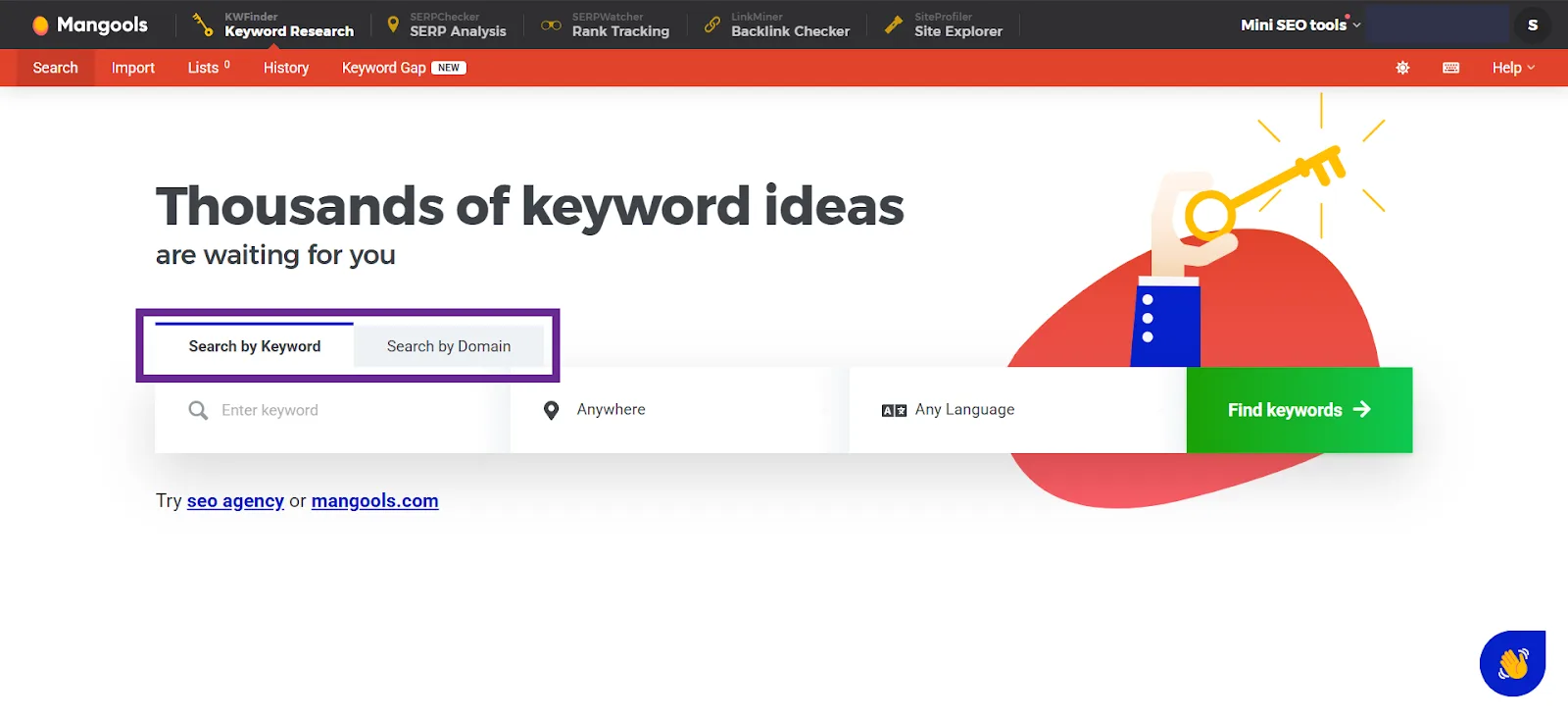 Mangools keyword research tool interface displaying search options.