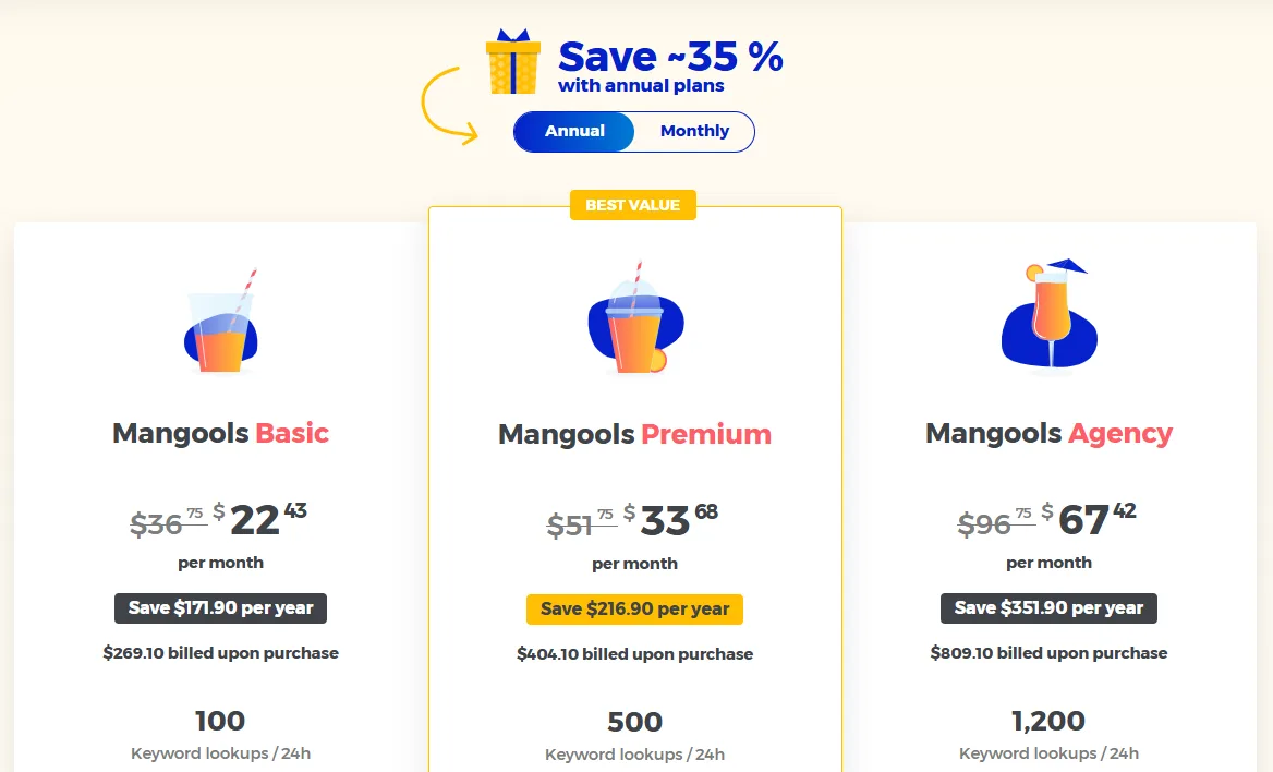 Mangools subscription plans with pricing and savings details for Basic, Premium, and Agency options.