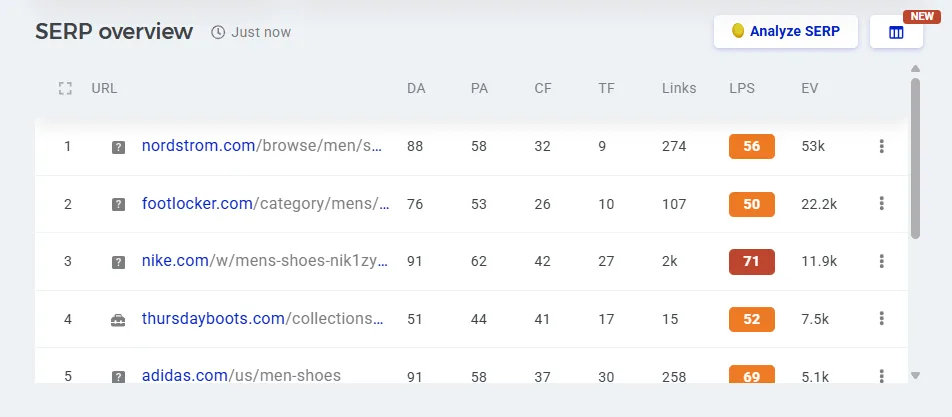SERP overview showing top men's shoe retailers and their key metrics.