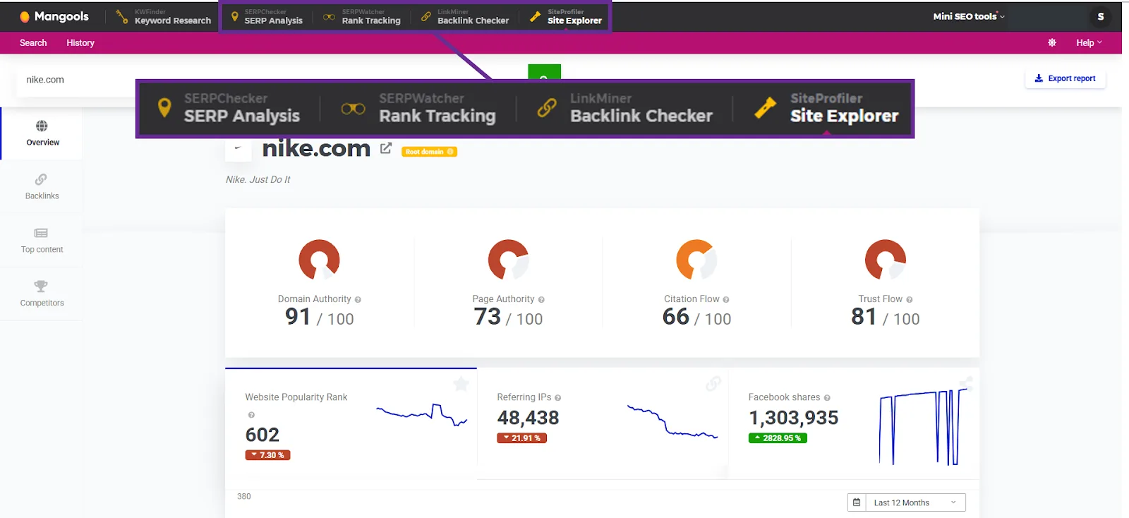 SEO analysis overview for nike.com with domain and page authority metrics.
